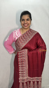 Vriksham Maroon Plain With Printed Border Ajrakh Modal Silk Saree-VS4660